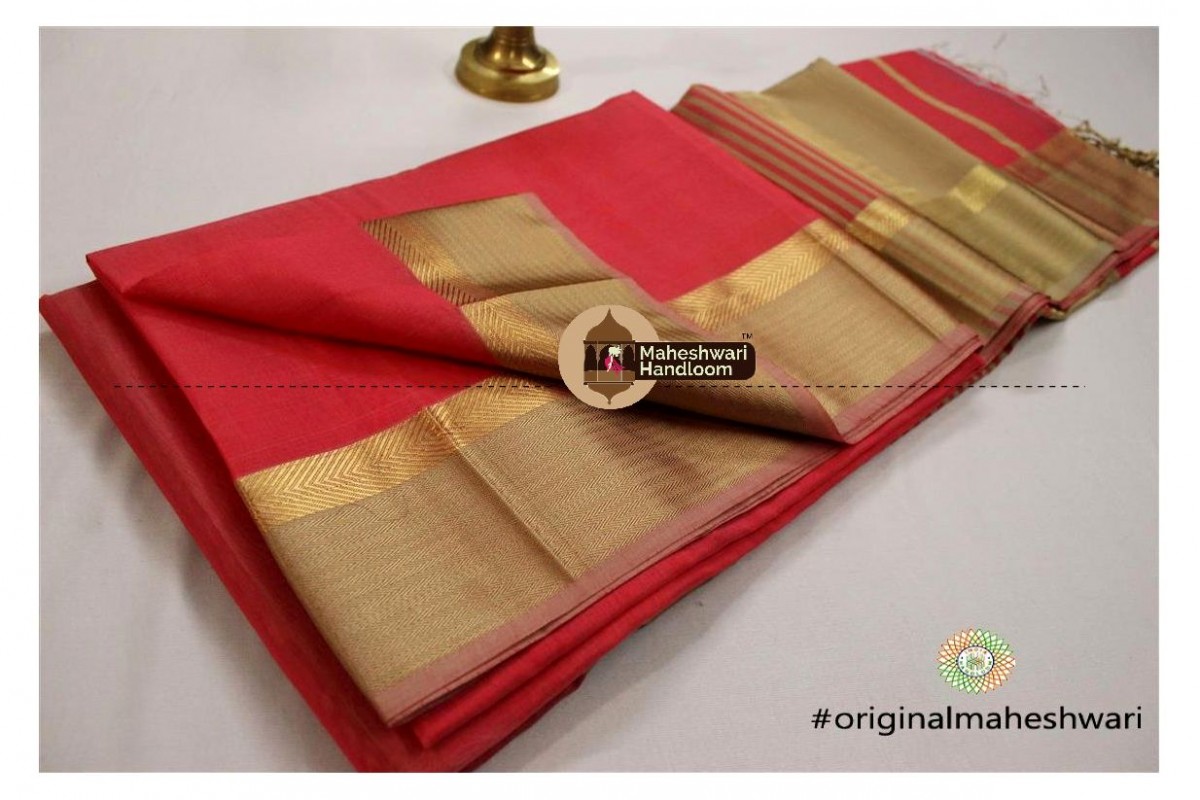 Maheshwari Peach tometo Resham Jari  Border saree