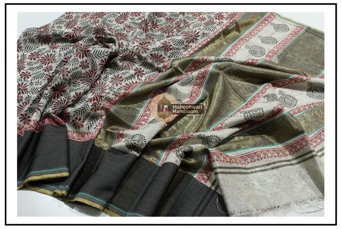 Maheshwari Grey Handblock Print Saree