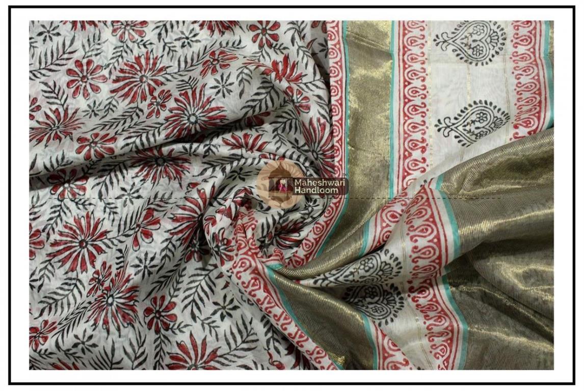 Maheshwari Grey Handblock Print Saree