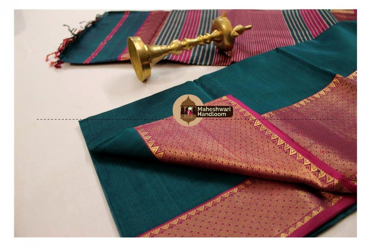 Maheshwari Rama Green Border saree