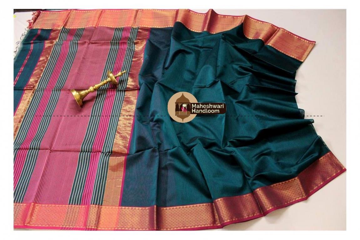 Maheshwari Rama Green Border saree