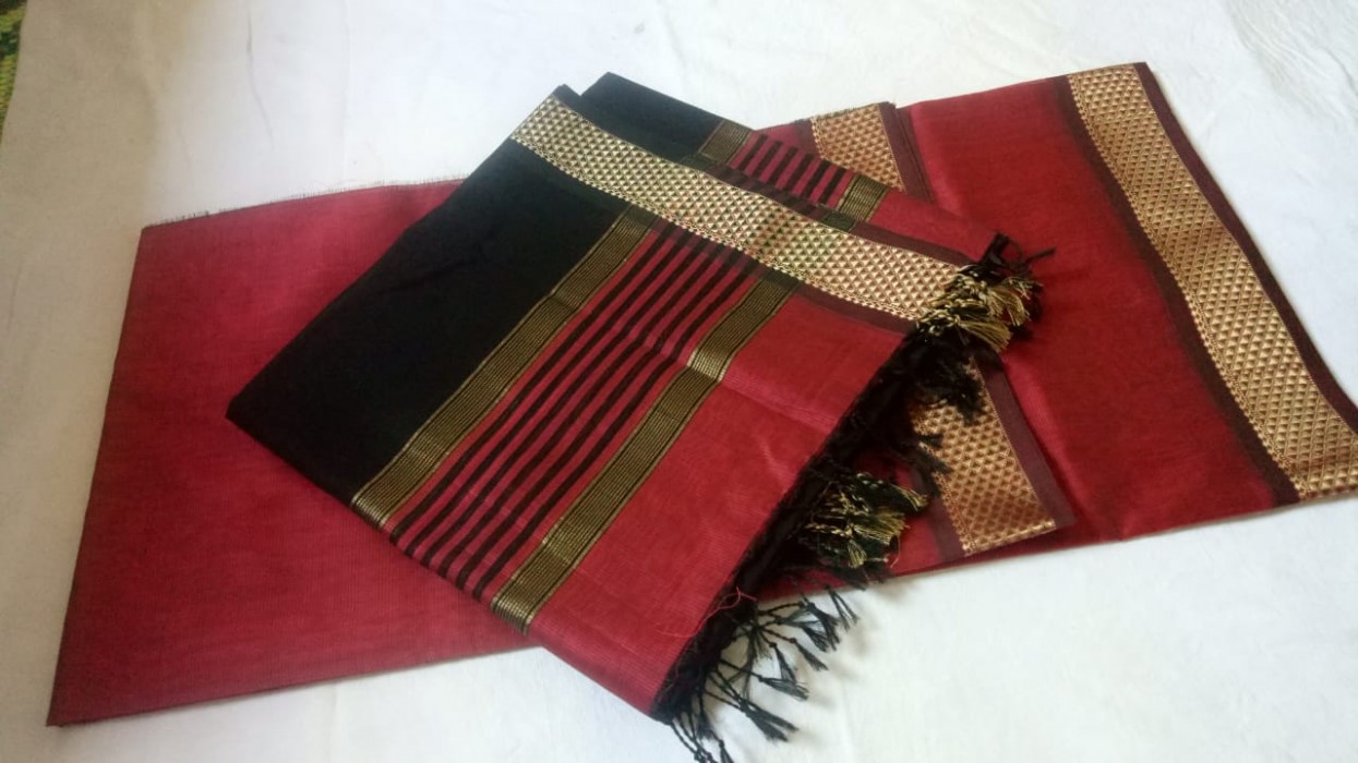 Maheshwari Maroon - Black  Top  Dupatta 