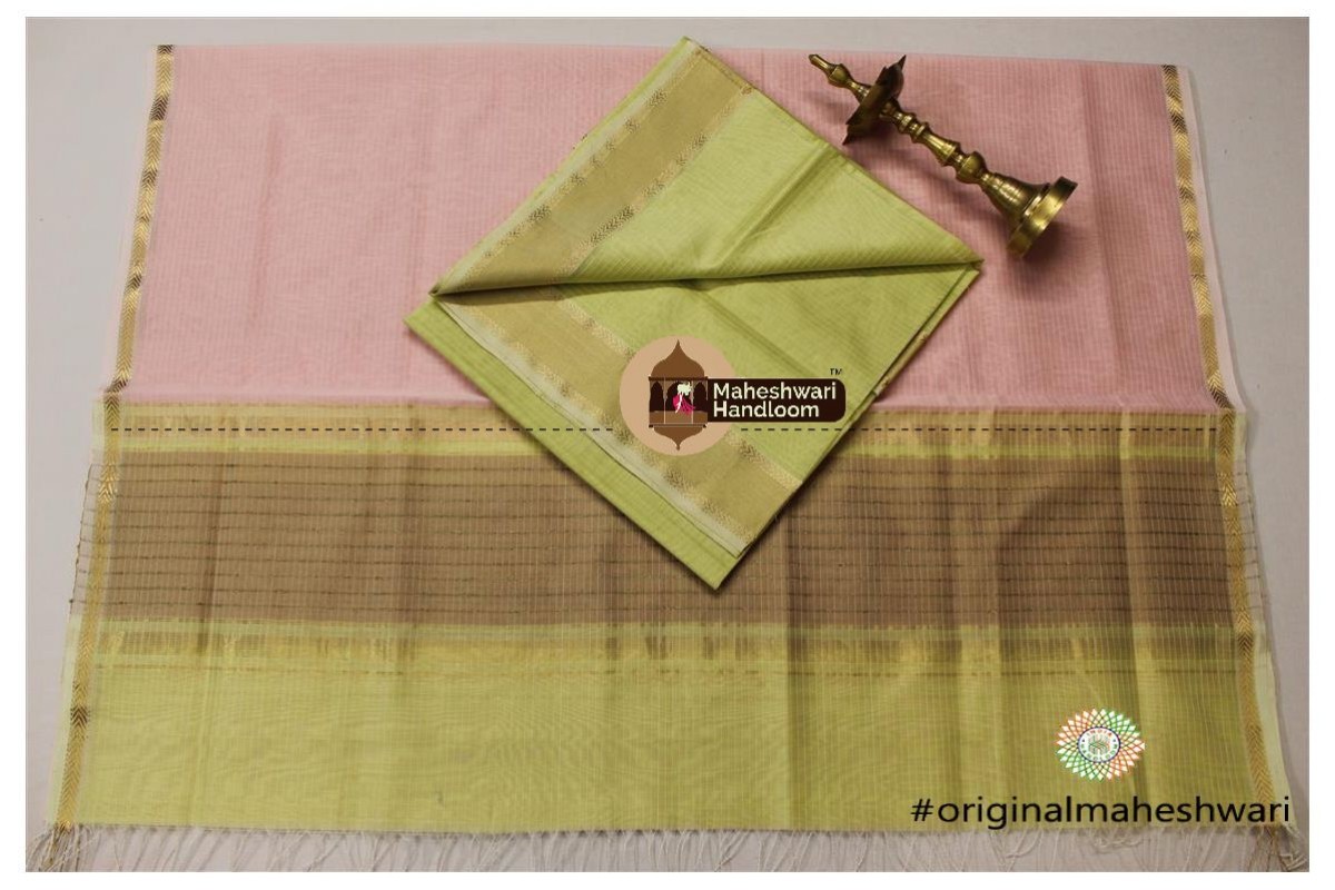 Maheshwari Peach Pink -Light Yellow Green Top Dupatta Material