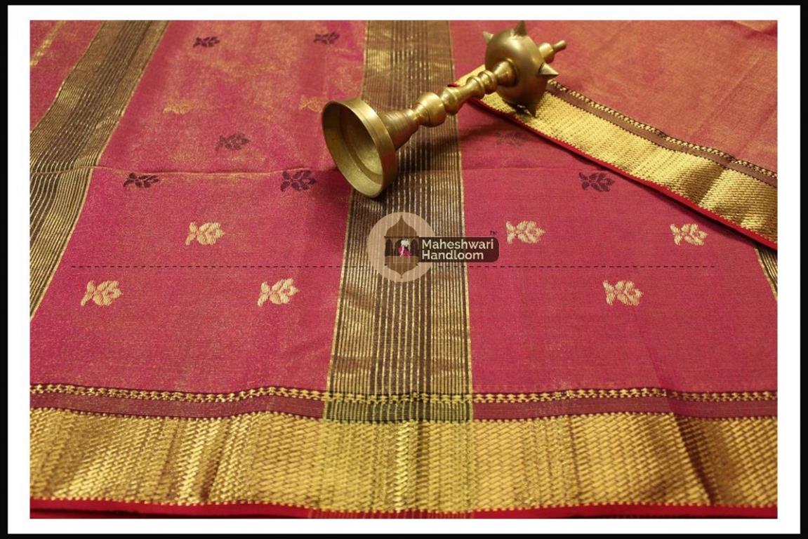Maheshwari Carrot Red Tissue Buti Pallu Weaving Saree