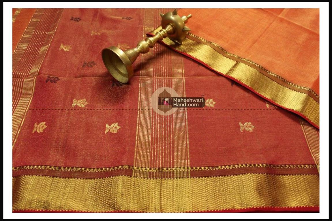 Maheshwari Light Orange Tissue Buti Pallu Weaving Saree