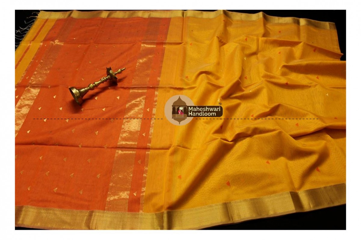 Maheshwari Golden Yellow Tringle Buti Weaving saree
