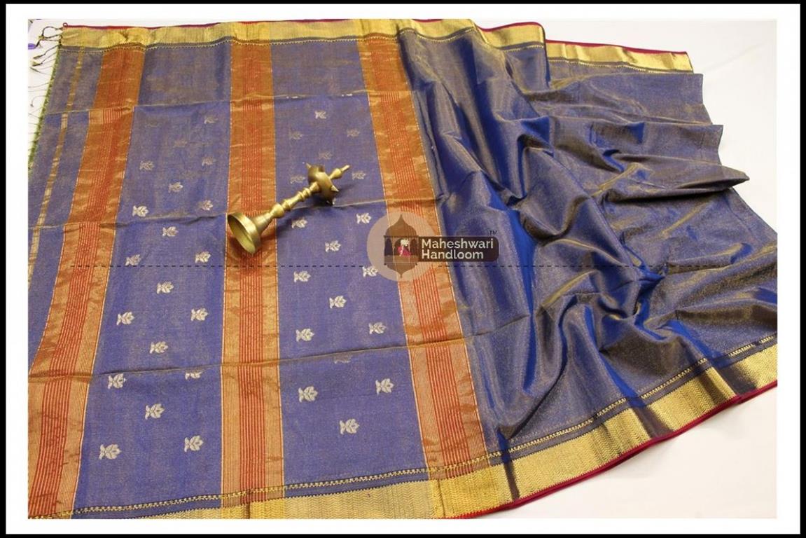 Maheshwari Blue Tissue Buti Pallu Weaving Saree 