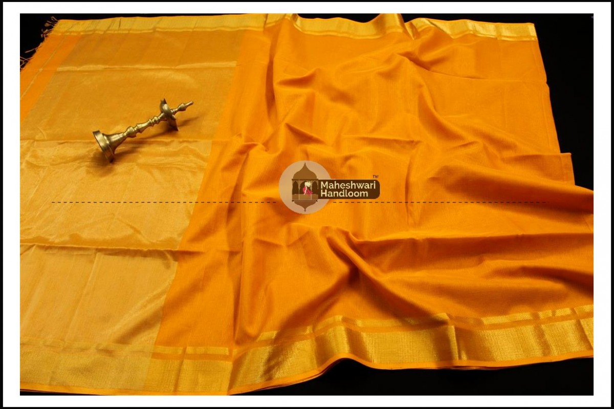 Maheshwari Golden Yellow Checks Fabric Saree