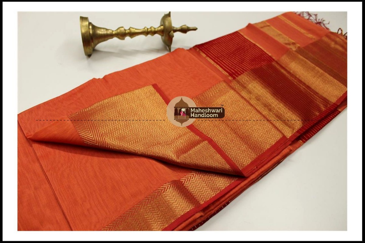 Maheshwari Orange Jari skirt Border saree