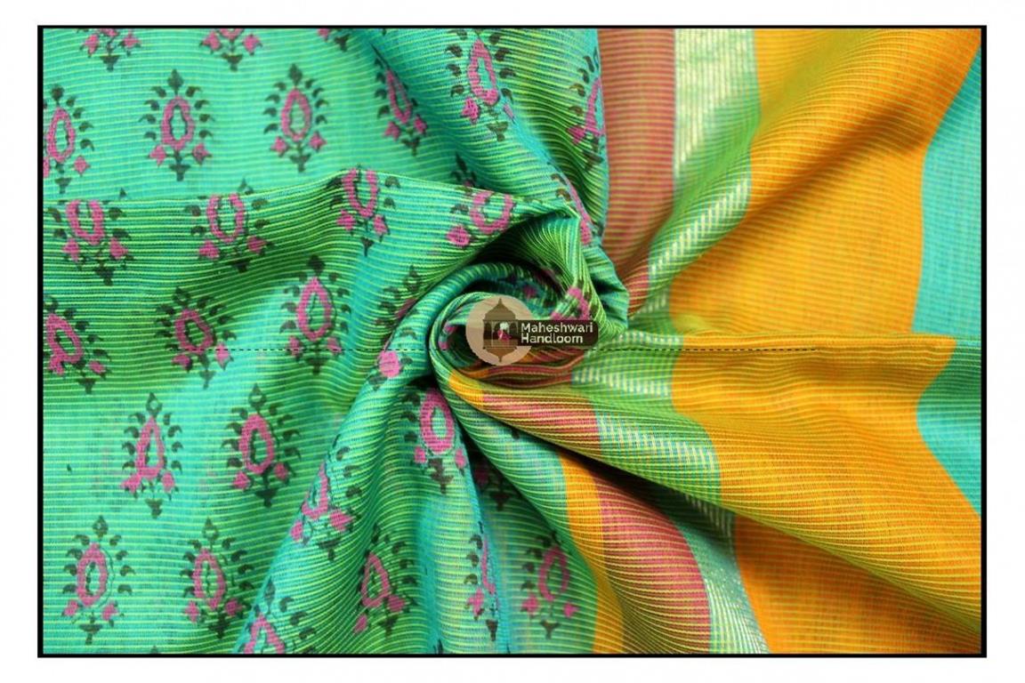 Maheshwari Sea Green Handblock Printed Saree