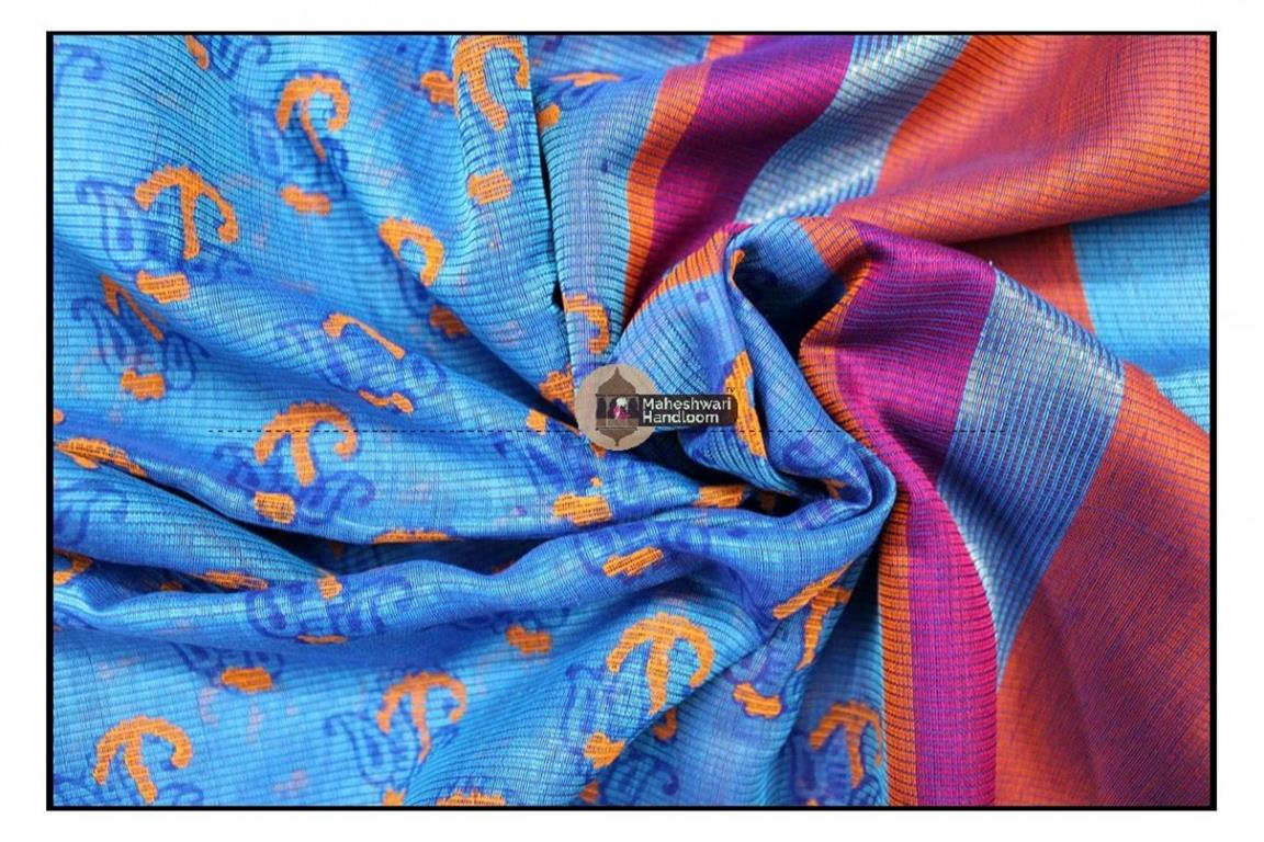 Maheshwari Sea Blue Handblock Printed saree