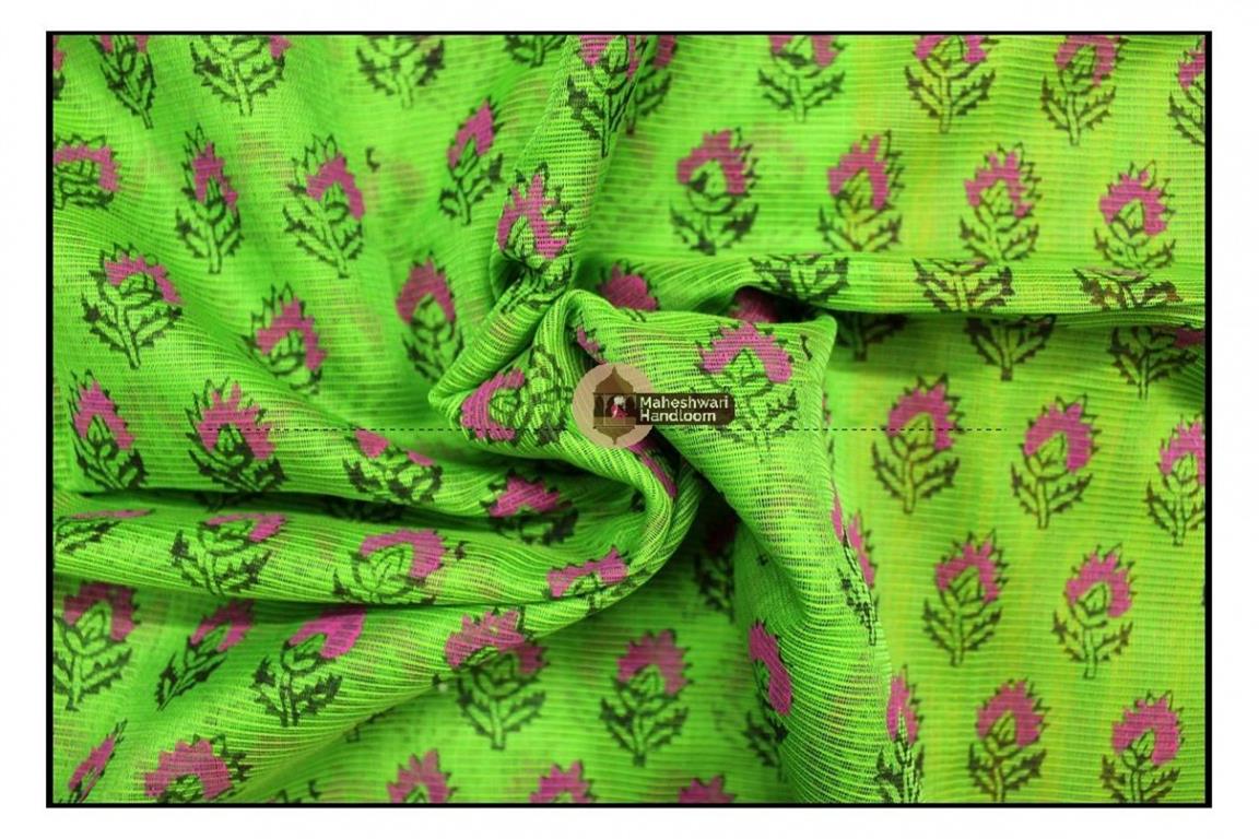 Maheshwari Parrot Green Handblock Printed Saree