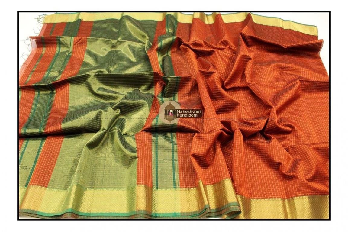 Maheshwari  Rust Checkered Weaving Saree