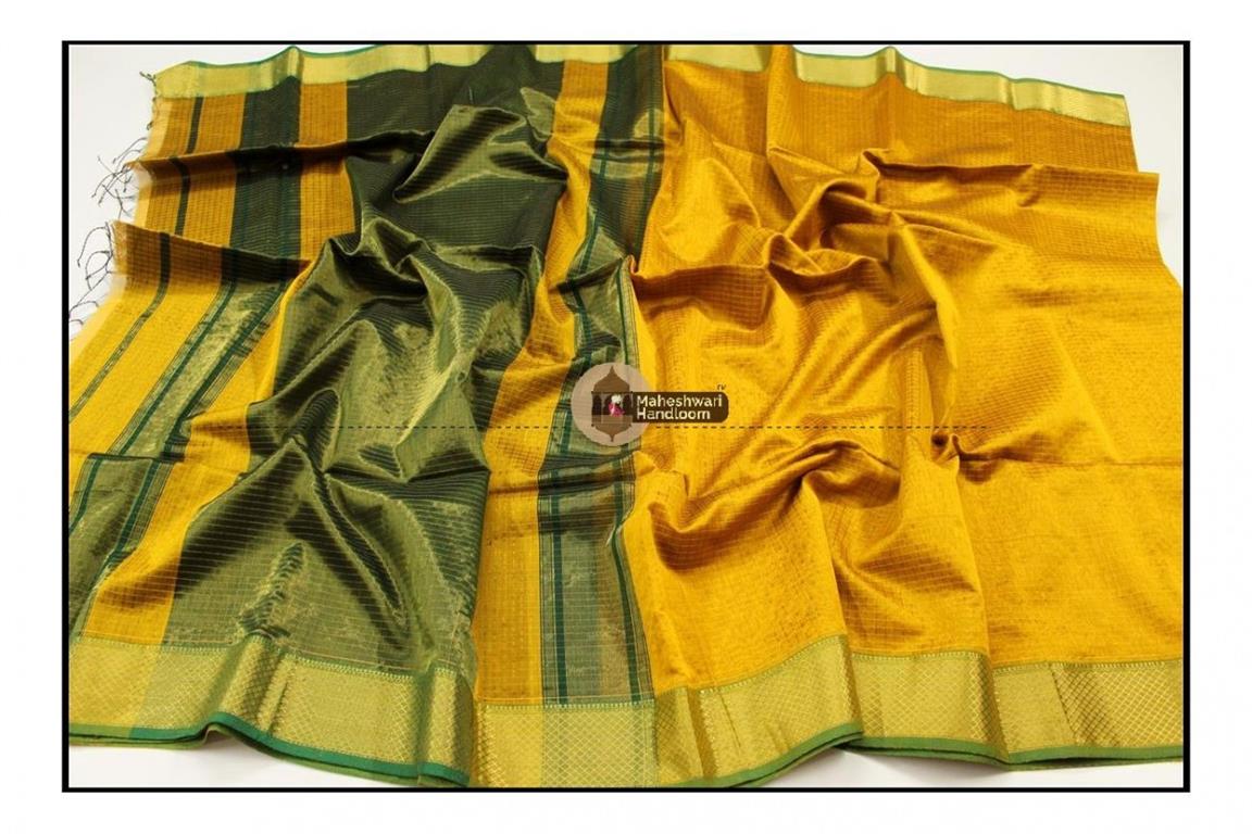 Maheshwari Yellow Jari Checkered Weaving Saree 