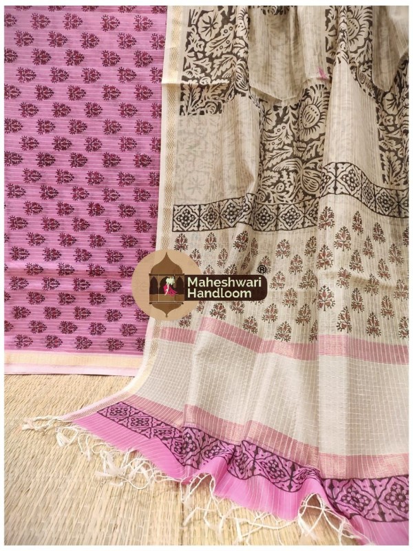 Maheshwari Pink -Tussar Handblock Printed Suit