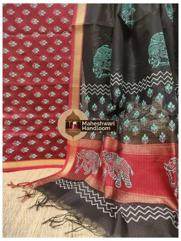 Maheshwari Red-Black Handblock Printed Suit