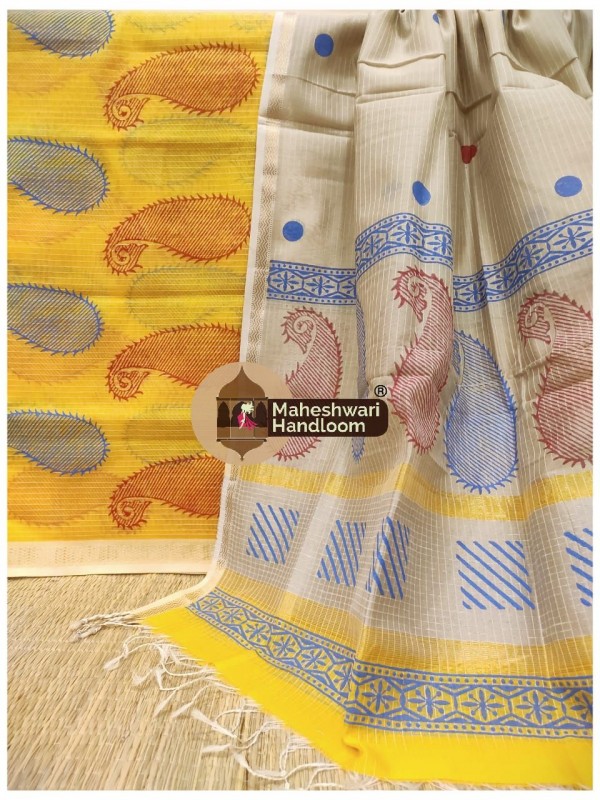 Maheshwari Yellow-Tussar Handblock Printed Suit