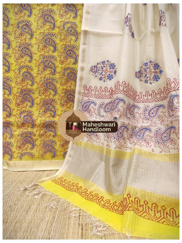 Maheshwari Yellow-Offwhite Handblock Printed Suit