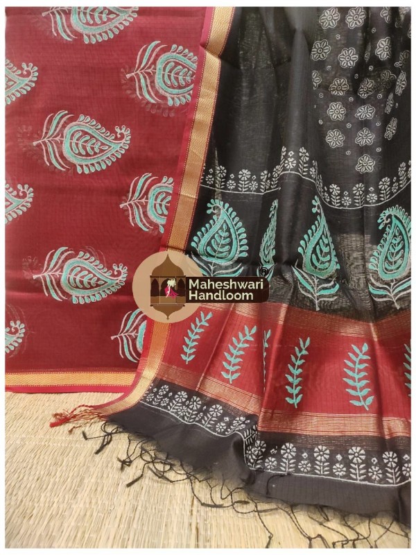 Maheshwari Red -Black Handblock Printed Suit