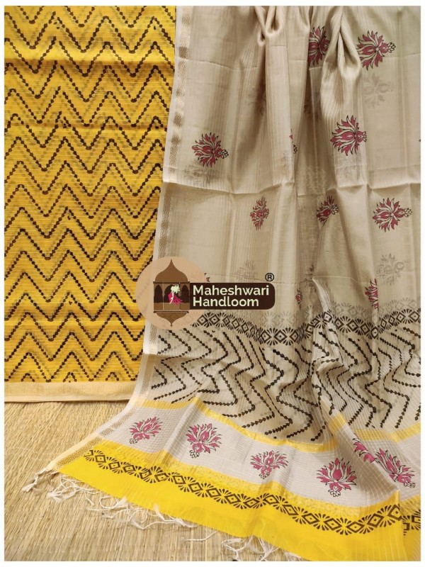 Maheshwari Mustard Yellow-Tussar Handblock Printed Suit