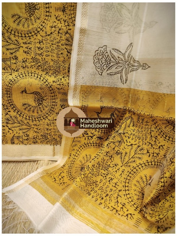 Maheshwari Yellow-White Handblock Printed Suit