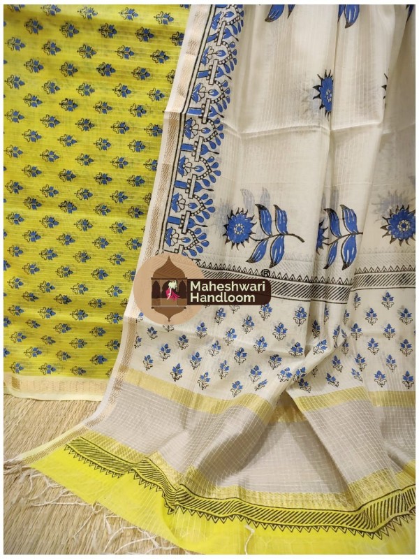 Maheshwari Green Yellow-Tussar White Handblock Printed Suit
