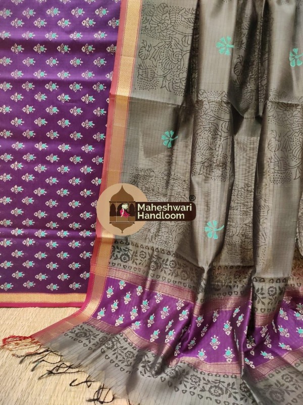 Maheshwari Blue-Tussar Grey Handblock Printed Suit