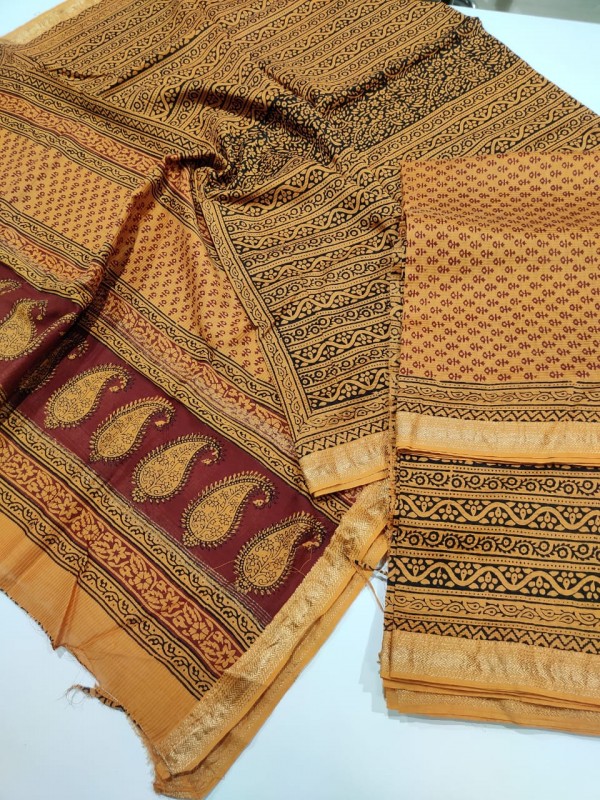 Maheshwari Pure Handwoven Silk Cotton Bagh Handblock Printed Suits with Zari Border (Bottom include)