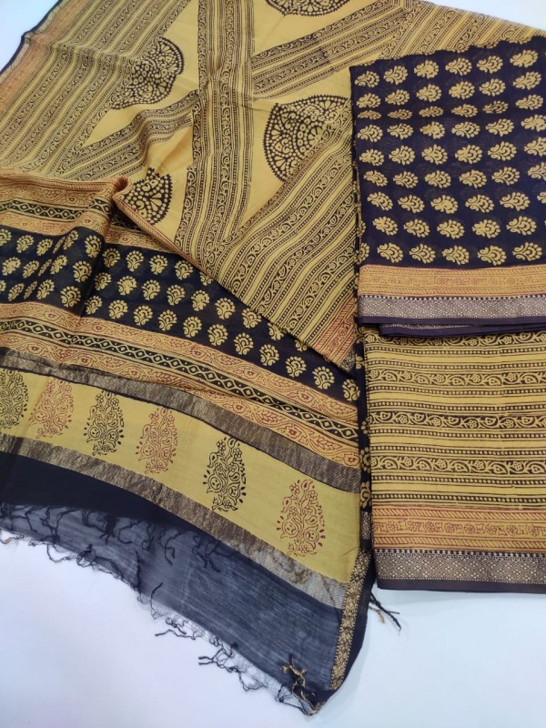 Maheshwari Pure Handwoven Silk Cotton Bagh Handblock Printed Suits with Zari Border (Bottom include)