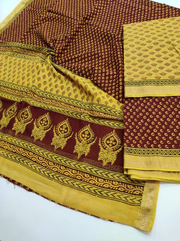 Maheshwari Pure Handwoven Silk Cotton Bagh Handblock Printed Suits with Zari Border (Bottom include)