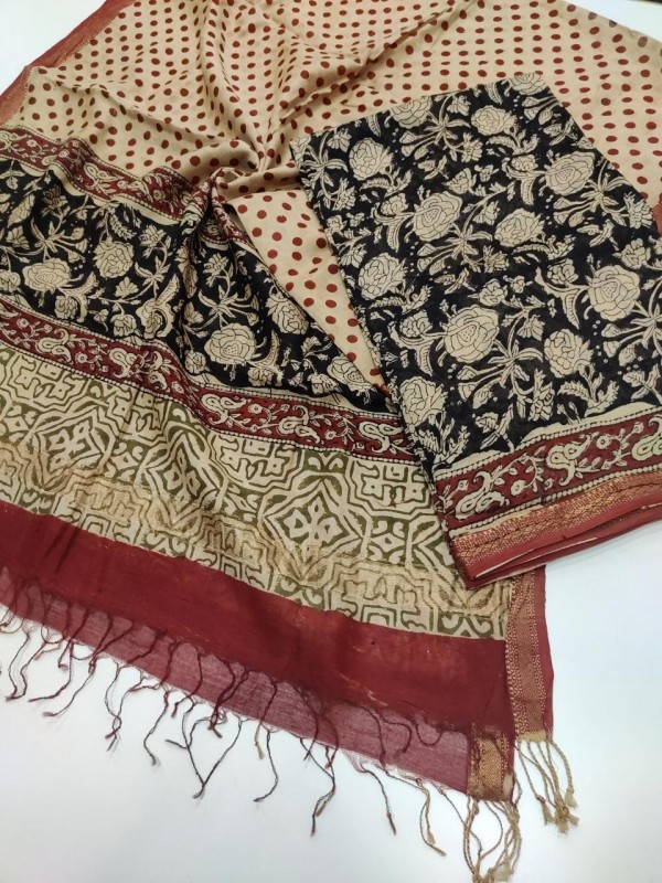 Maheshwari Handwoven Silk Cotton Handblock Bagru and Batik Printed Top Dupatta sets 