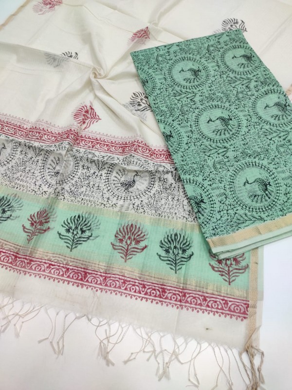 Exclusive Maheshwari Handwoven Handblock Printed Top Dupatta sets.