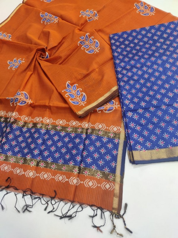 Exclusive Maheshwari Handwoven Handblock Printed Top Dupatta sets.