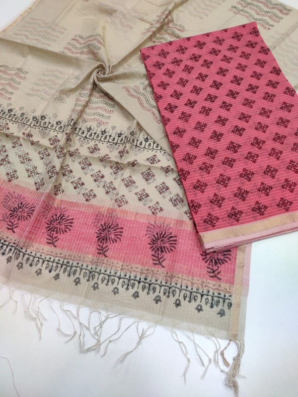 Maheshwari White pink Handwoven Handblock Printed Top Dupatta sets