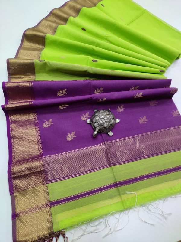 Maheshwari Leaf Butta Pallu and overall Butti Weaving Zari Border Sarees 