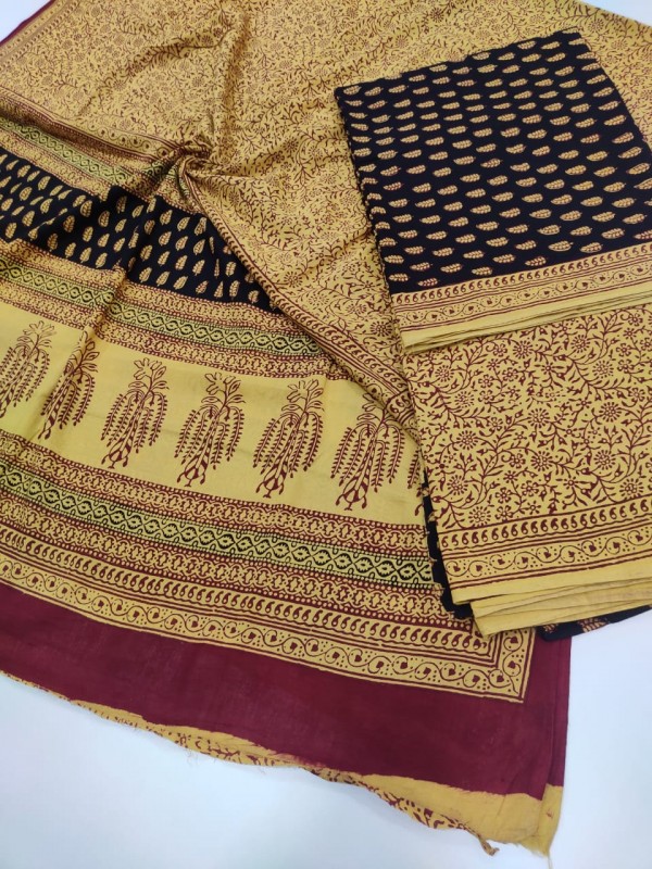 Maheshwari Pure Handwoven Silk Cotton Bagh Handblock Printed Suits with Zari Border (Bottom include)