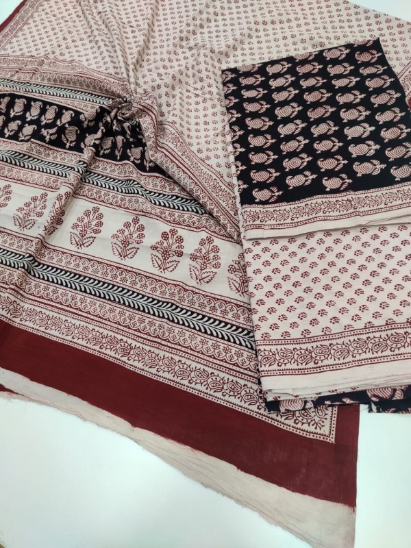 Maheshwari Pure Handwoven Silk Cotton Bagh Handblock Printed Suits with Zari Border (Bottom include)