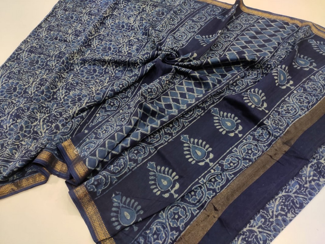 Maheshwari Blue Original Handwoven  Dabu Handblock Indigo Printed Sarees 