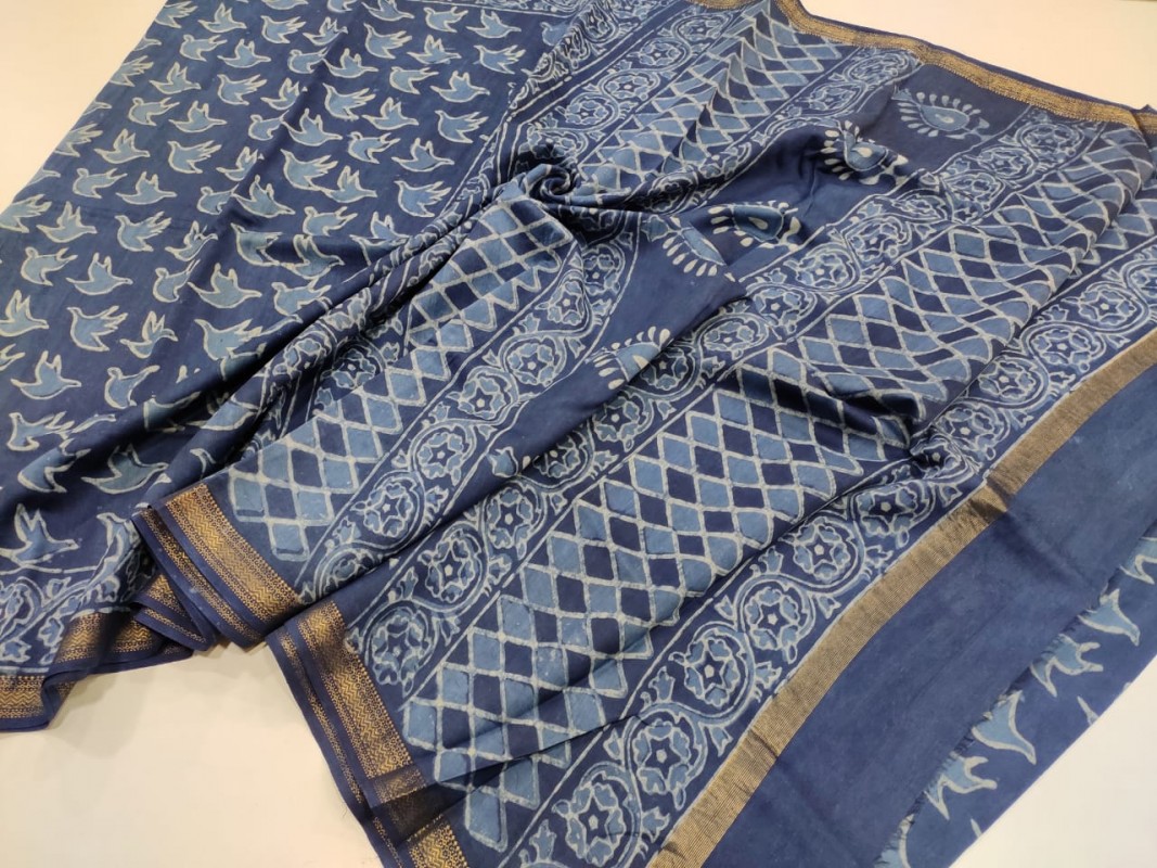 Maheshwari Blue Original Handwoven  Dabu Handblock Indigo Printed Sarees 