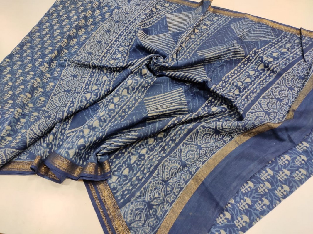 Maheshwari Blue Original Handwoven  Dabu Handblock Indigo Printed Sarees 
