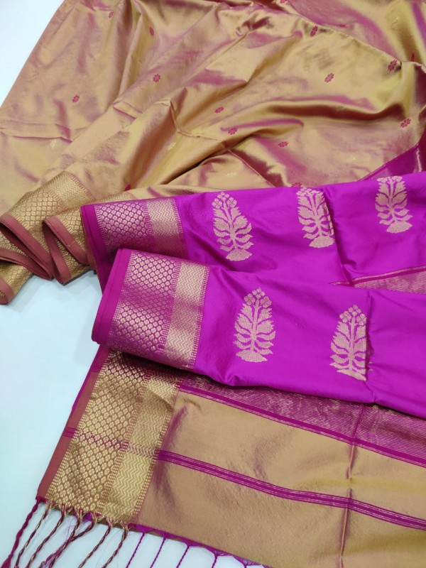 Maheshwari Golden Yellow Silk Saree With Buta Buti Weaving