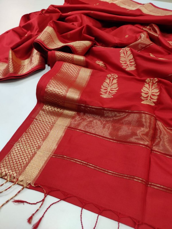 Maheshwari  Red Pure Silk Saree With Buta Buti Weaving