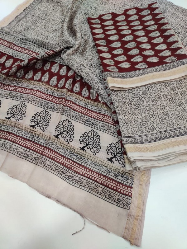 Maheshwari Red-white Bagh print Silk Cotton Suits