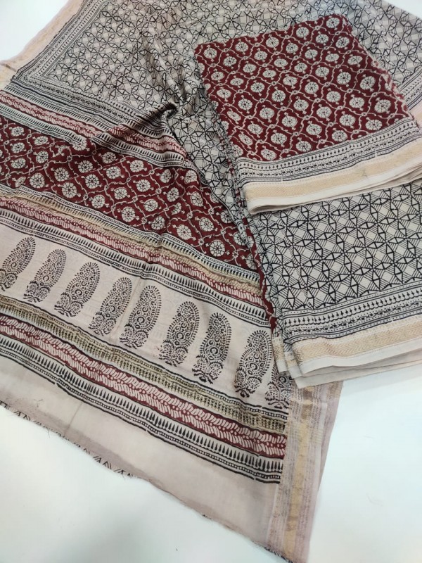 Maheshwari Maroon-white Bagh print Silk Cotton Suits