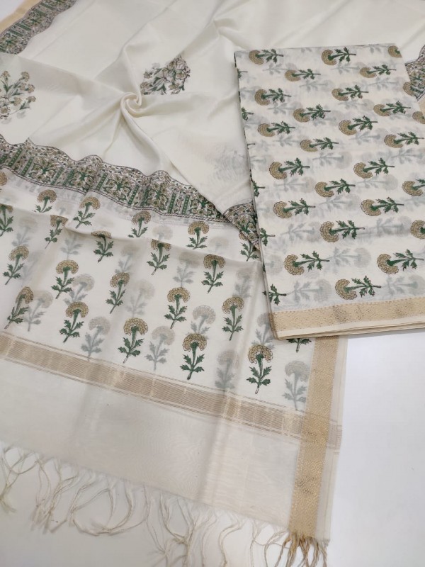 Maheshwari White Handblock Printed Suit
