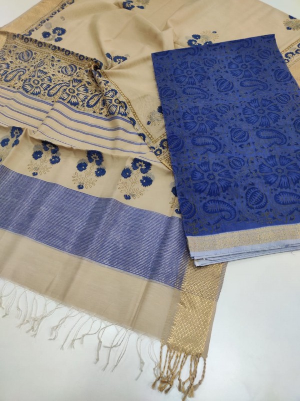 Maheshwari Blue-Beige Handblock Printed Suit