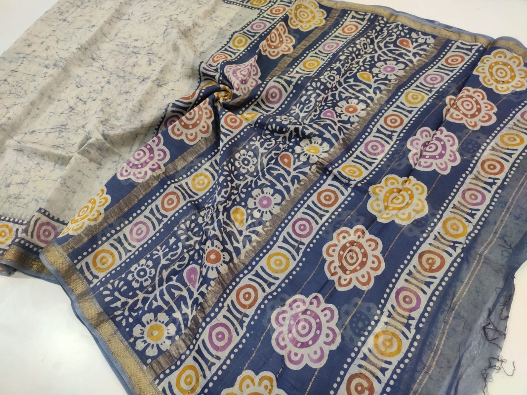 Maheshwari Blue Batik Handblock Print Saree