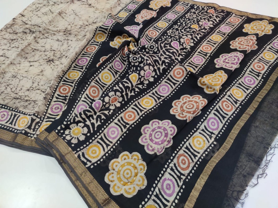 Maheshwari Black Batik Handblock Print Saree