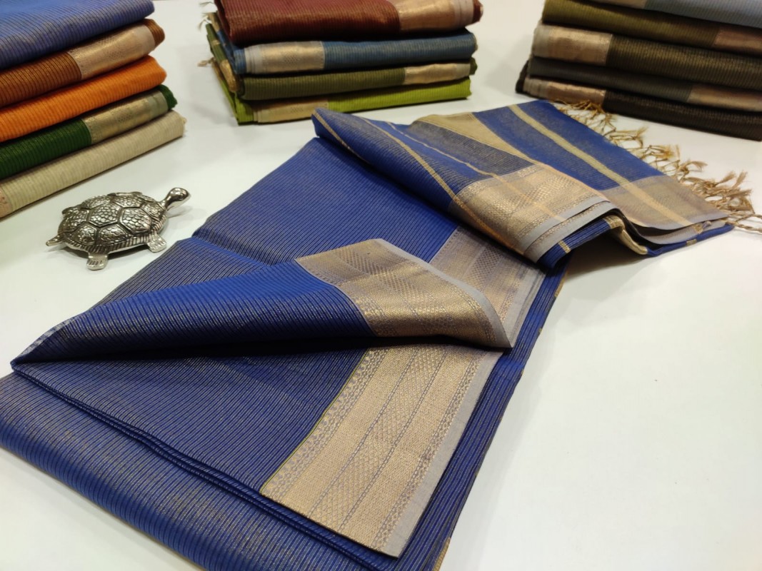 Maheshwari Blue Tissue Weaving Jari Border Saree