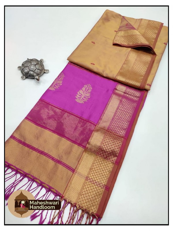 Maheshwari Golden Yellow Pure Silk Saree With Buta Buti Weaving